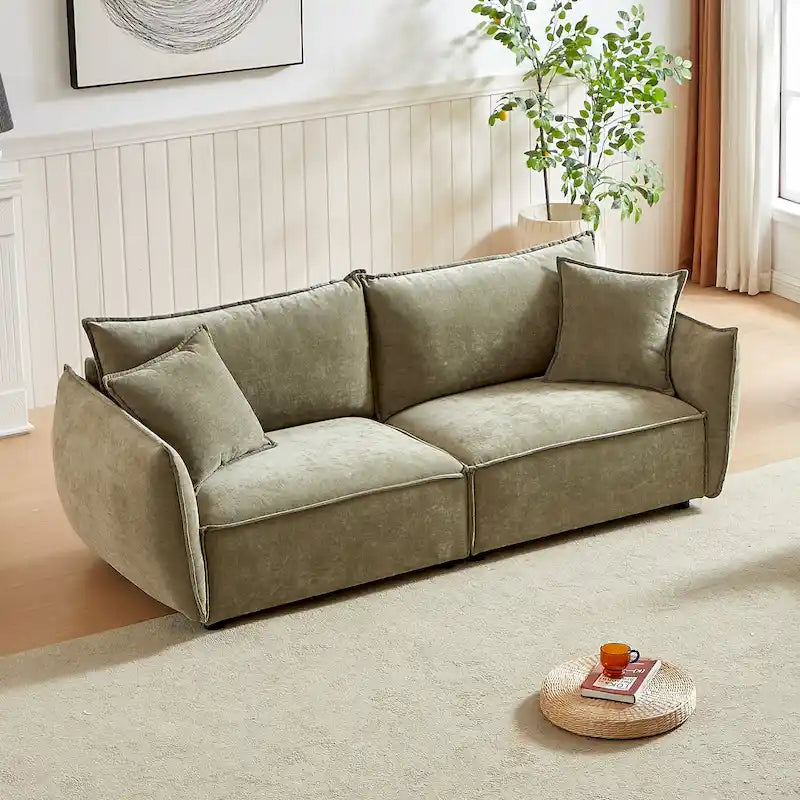 Hellgrünes Chenille-Sofa für 3 Personen mit 2 zusätzlichen Kissen und dick gepolsterter Sitzfläche