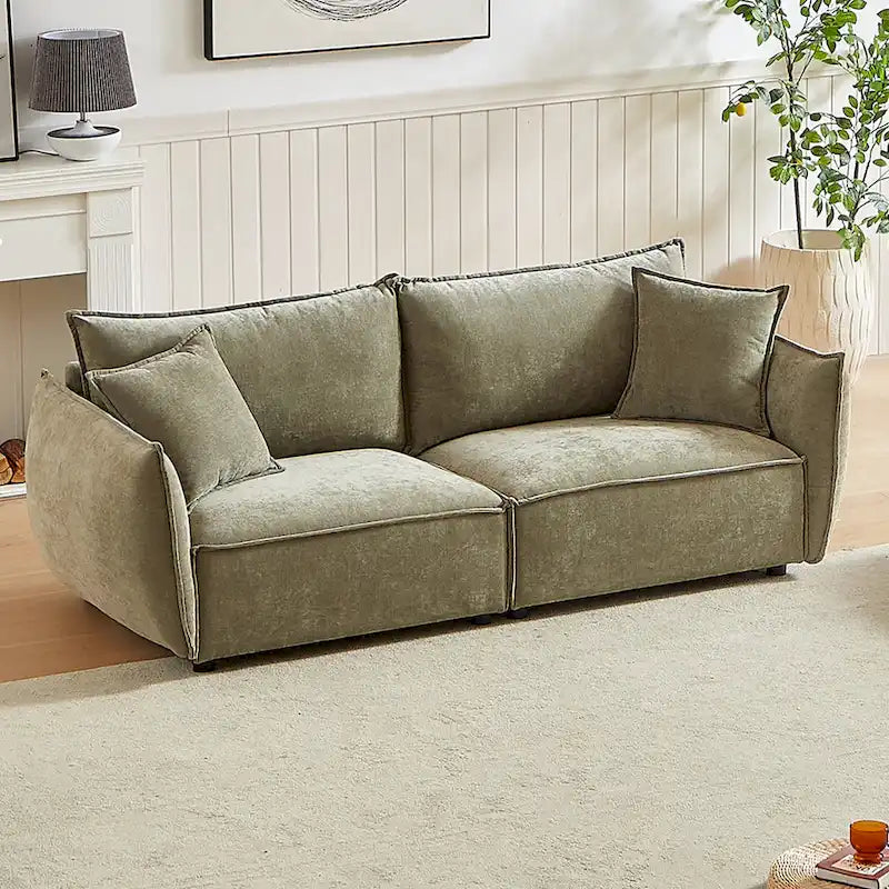Hellgrünes Chenille-Sofa für 3 Personen mit 2 zusätzlichen Kissen und dick gepolsterter Sitzfläche
