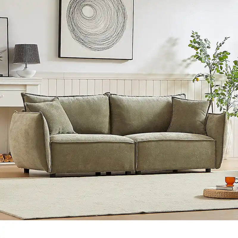 Hellgrünes Chenille-Sofa für 3 Personen mit 2 zusätzlichen Kissen und dick gepolsterter Sitzfläche