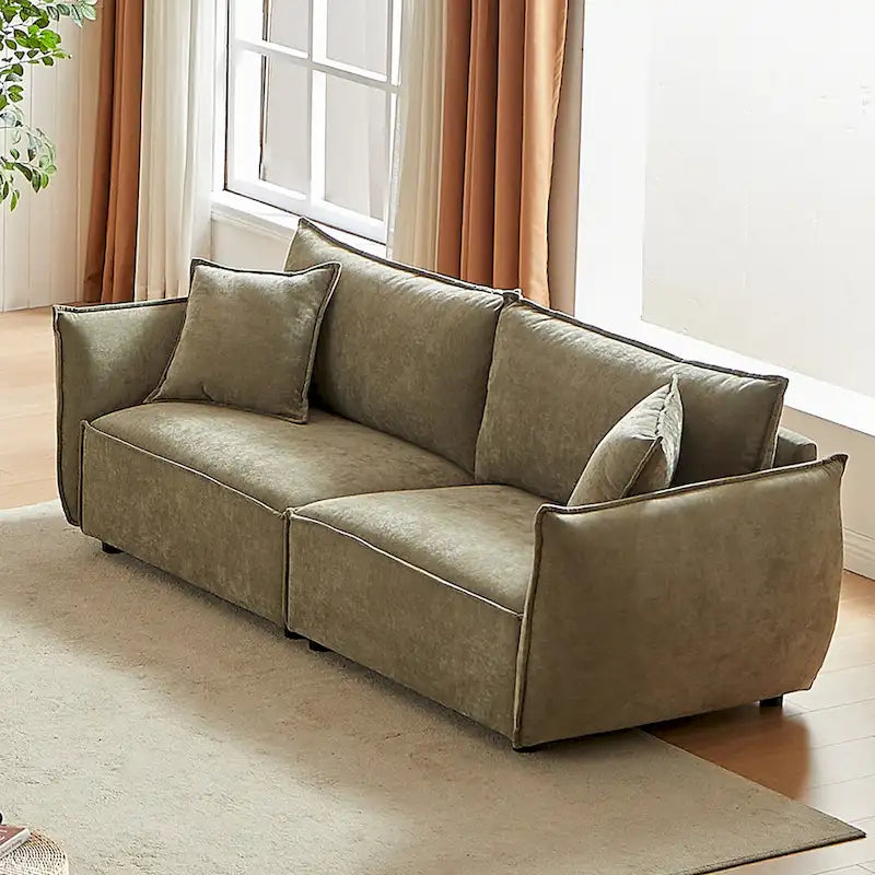 Hellgrünes Chenille-Sofa für 3 Personen mit 2 zusätzlichen Kissen und dick gepolsterter Sitzfläche