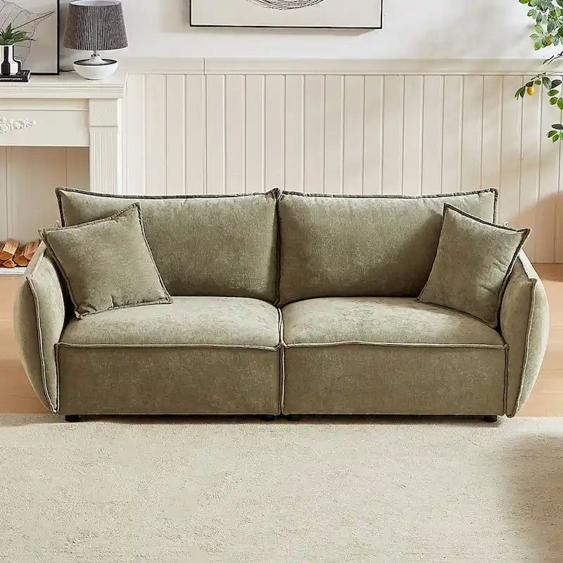 Hellgrünes Chenille-Sofa für 3 Personen mit 2 zusätzlichen Kissen und dick gepolsterter Sitzfläche