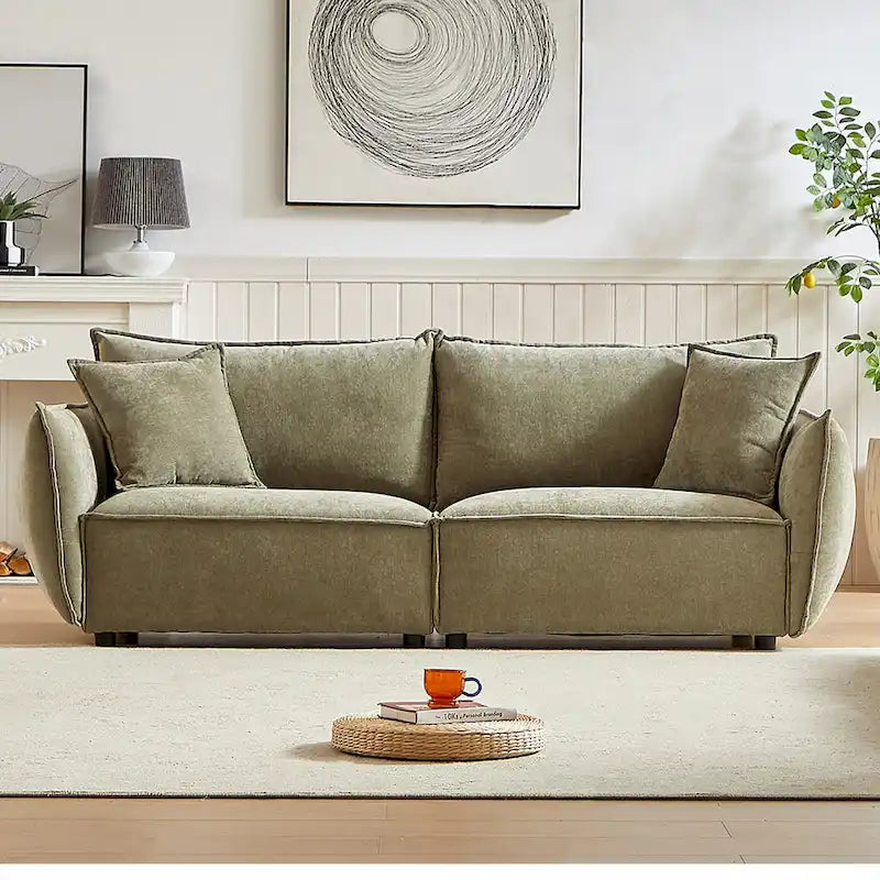 Hellgrünes Chenille-Sofa für 3 Personen mit 2 zusätzlichen Kissen und dick gepolsterter Sitzfläche