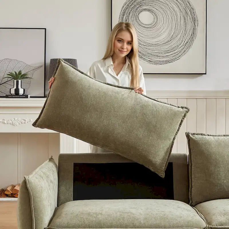 Hellgrünes Chenille-Sofa für 3 Personen mit 2 zusätzlichen Kissen und dick gepolsterter Sitzfläche