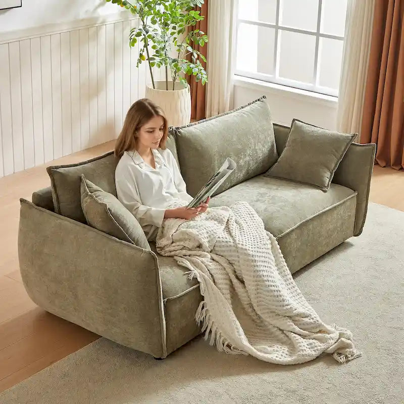 Hellgrünes Chenille-Sofa für 3 Personen mit 2 zusätzlichen Kissen und dick gepolsterter Sitzfläche