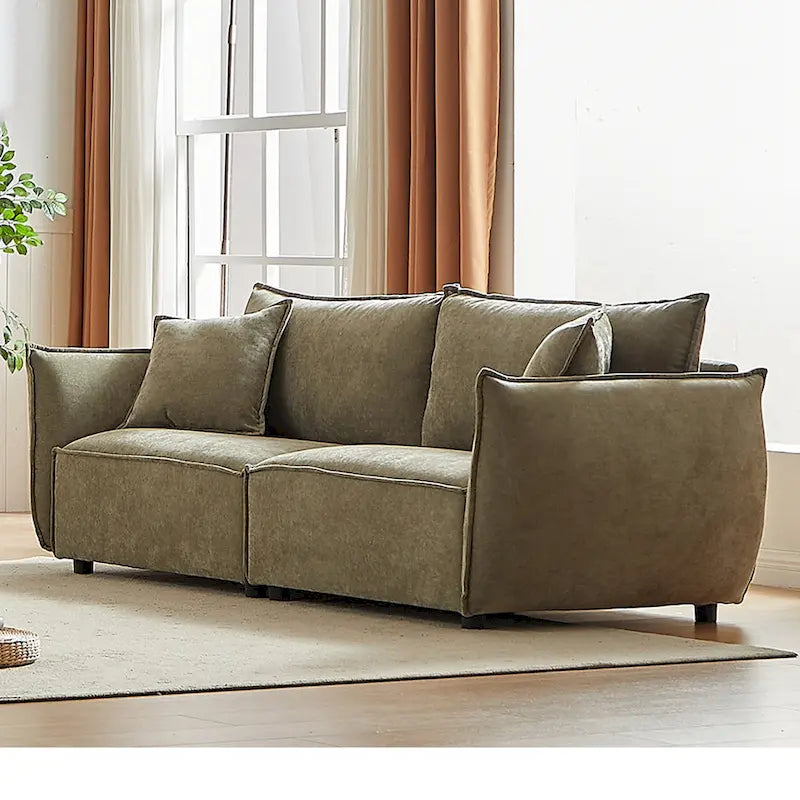 Hellgrünes Chenille-Sofa für 3 Personen mit 2 zusätzlichen Kissen und dick gepolsterter Sitzfläche