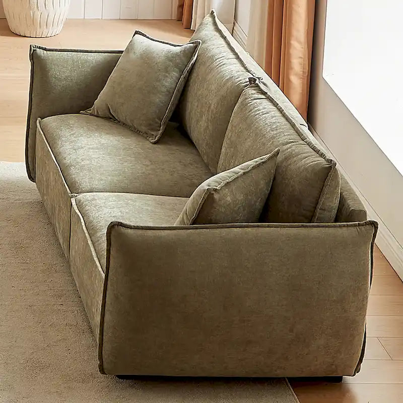 Hellgrünes Chenille-Sofa für 3 Personen mit 2 zusätzlichen Kissen und dick gepolsterter Sitzfläche
