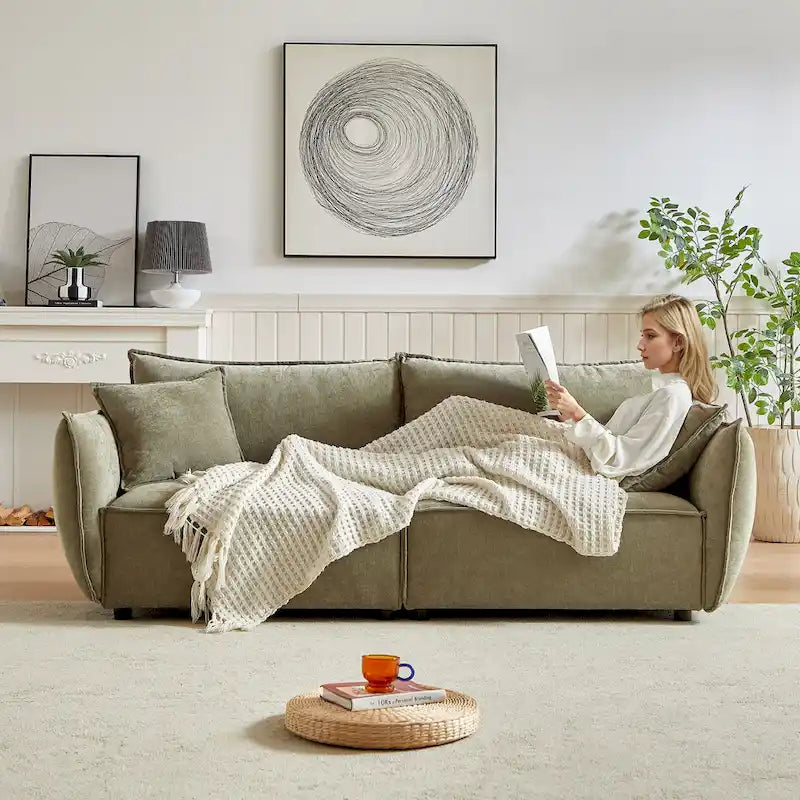 Hellgrünes Chenille-Sofa für 3 Personen mit 2 zusätzlichen Kissen und dick gepolsterter Sitzfläche