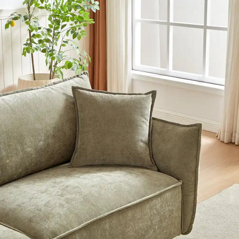 Hellgrünes Chenille-Sofa für 3 Personen mit 2 zusätzlichen Kissen und dick gepolsterter Sitzfläche