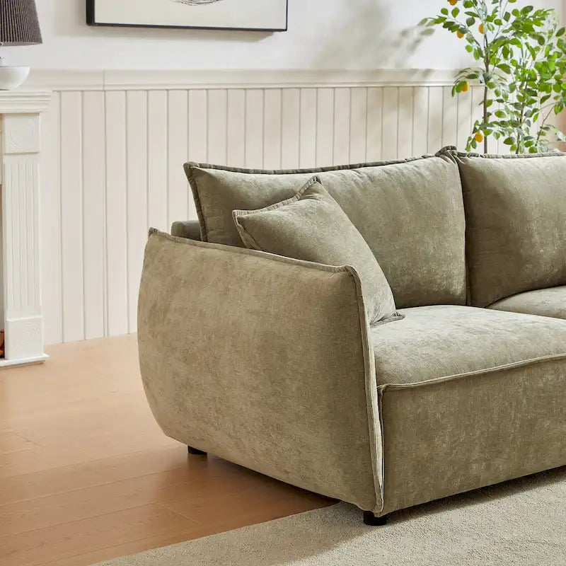 Hellgrünes Chenille-Sofa für 3 Personen mit 2 zusätzlichen Kissen und dick gepolsterter Sitzfläche