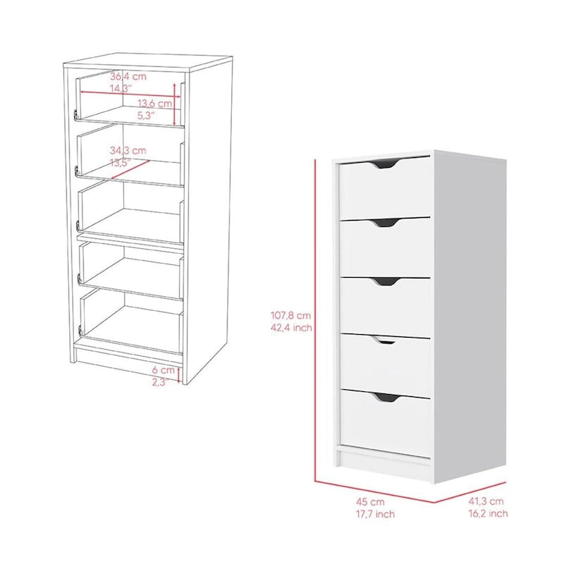 Cómoda vertical moderna de 5 cajones para almacenamiento en el dormitorio, 18 pulgadas