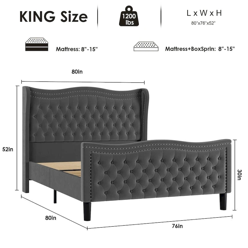 Modernes Plattformbett in Kingsize mit Samtbezug und gepolstertem Kopfteil fürs Schlafzimmer