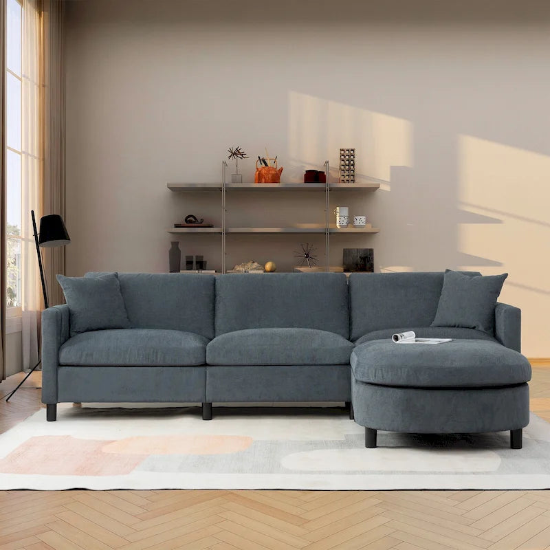 Graues Ecksofa mit 107.87 abnehmbaren Kissen für 4 Personen, verschiebbarem Hocker und Aufbewahrungstasche an der Armlehne