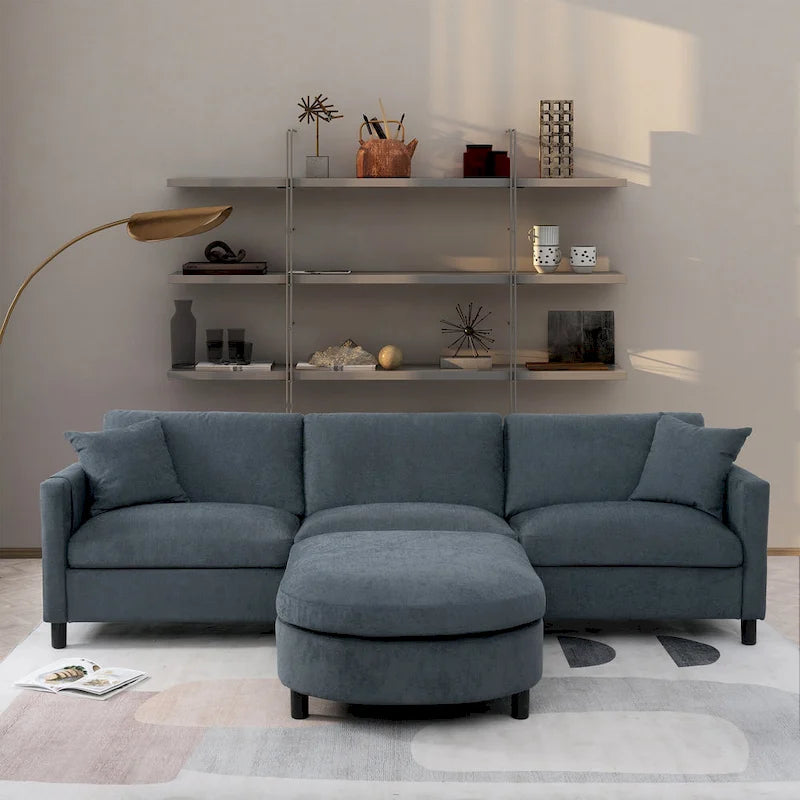 Graues Ecksofa mit 107.87 abnehmbaren Kissen für 4 Personen, verschiebbarem Hocker und Aufbewahrungstasche an der Armlehne