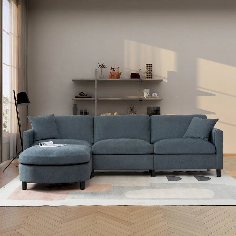 Graues Ecksofa mit 107.87 abnehmbaren Kissen für 4 Personen, verschiebbarem Hocker und Aufbewahrungstasche an der Armlehne