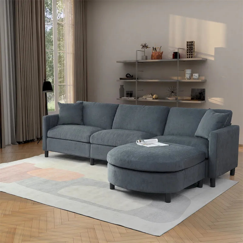 Graues Ecksofa mit 107.87 abnehmbaren Kissen für 4 Personen, verschiebbarem Hocker und Aufbewahrungstasche an der Armlehne