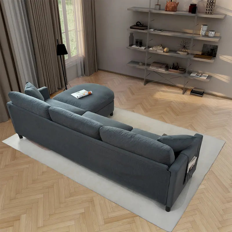 Graues Ecksofa mit 107.87 abnehmbaren Kissen für 4 Personen, verschiebbarem Hocker und Aufbewahrungstasche an der Armlehne