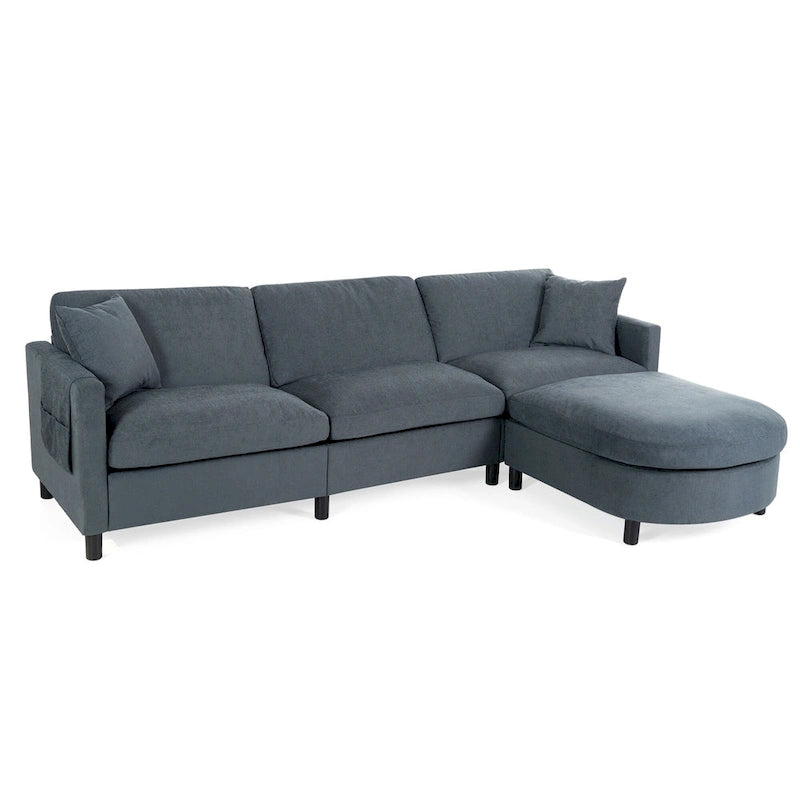 Graues Ecksofa mit 107.87 abnehmbaren Kissen für 4 Personen, verschiebbarem Hocker und Aufbewahrungstasche an der Armlehne