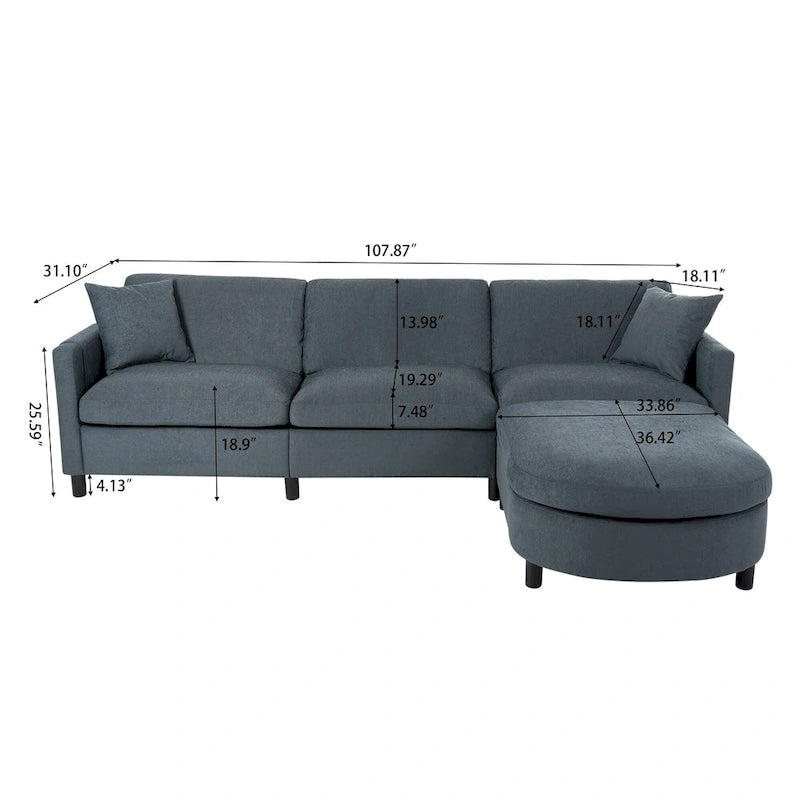 Graues Ecksofa mit 107.87 abnehmbaren Kissen für 4 Personen, verschiebbarem Hocker und Aufbewahrungstasche an der Armlehne