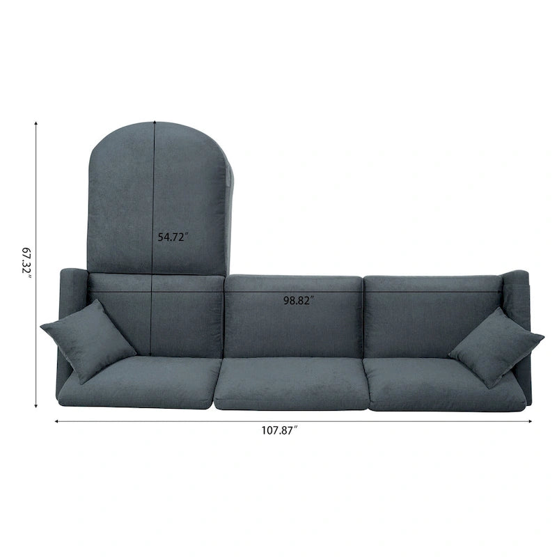 Graues Ecksofa mit 107.87 abnehmbaren Kissen für 4 Personen, verschiebbarem Hocker und Aufbewahrungstasche an der Armlehne