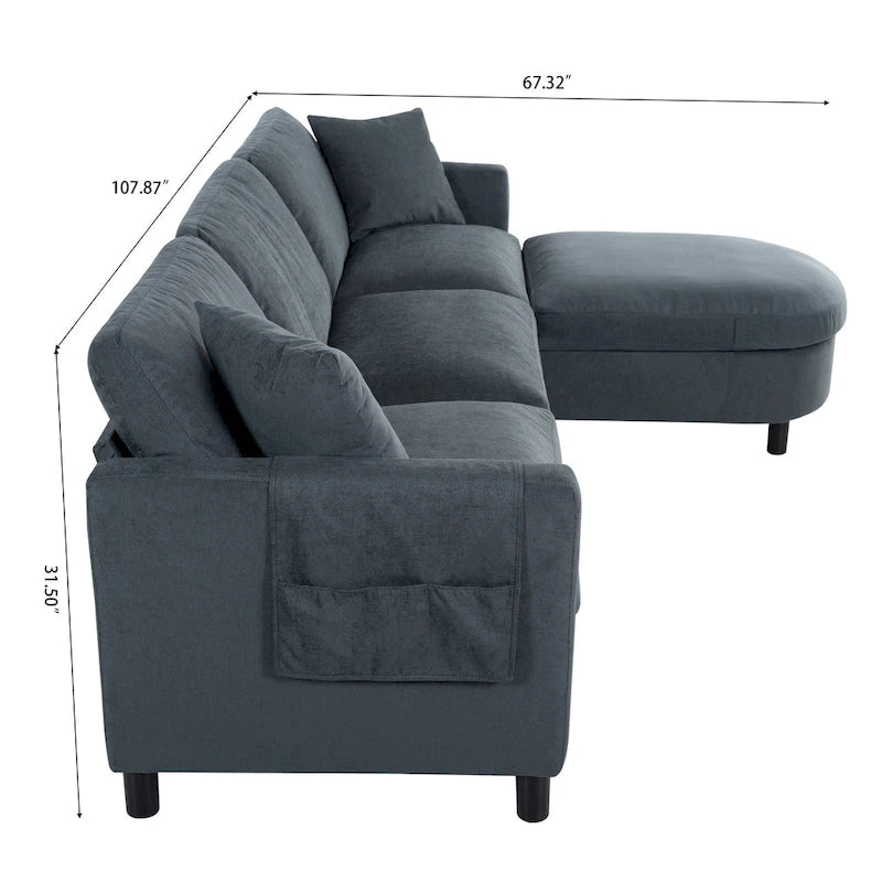 Graues Ecksofa mit 107.87 abnehmbaren Kissen für 4 Personen, verschiebbarem Hocker und Aufbewahrungstasche an der Armlehne