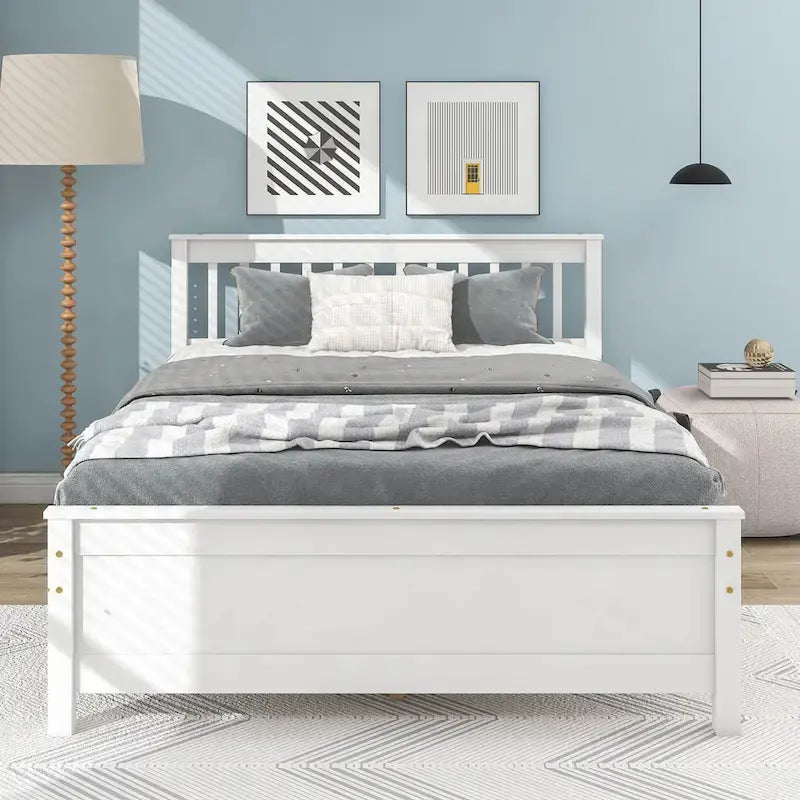Cama de madera de pino de tamaño matrimonial con cabecero y pie de cama para niños