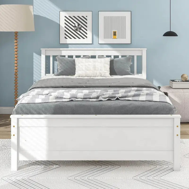 Cama de madera de pino de tamaño matrimonial con cabecero y pie de cama para niños