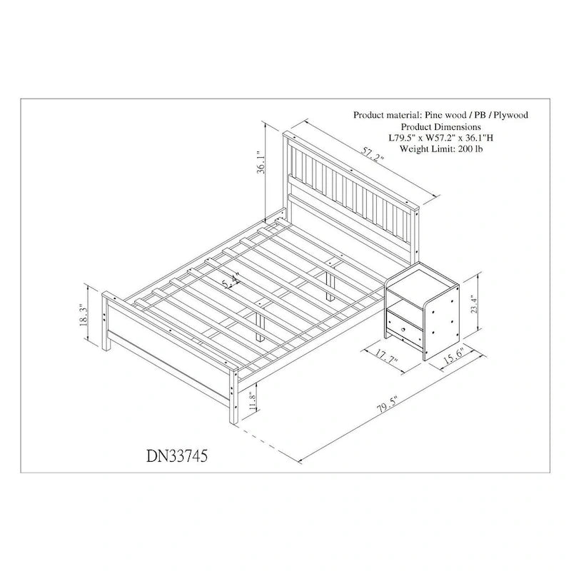 Cama de madera de pino de tamaño matrimonial con cabecero y pie de cama para niños