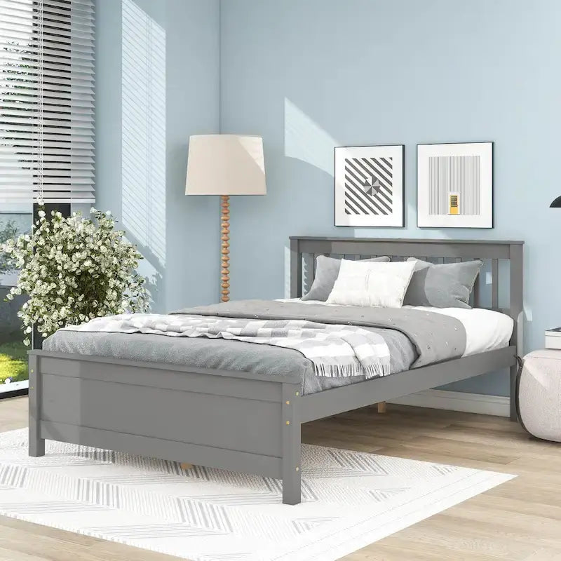 Cama de madera de pino de tamaño matrimonial con cabecero y pie de cama para niños