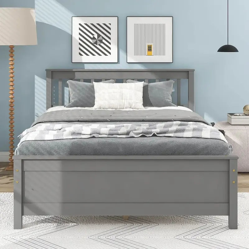 Cama de madera de pino de tamaño matrimonial con cabecero y pie de cama para niños