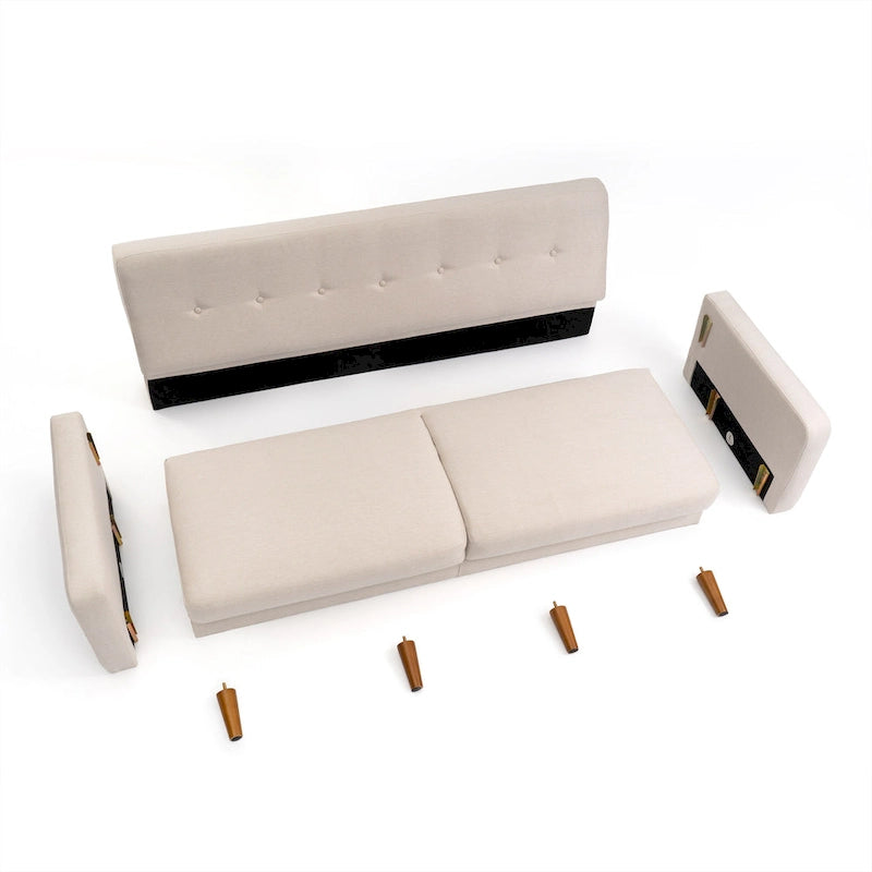 Modernes Leinen-Sofa mit Knopfheftung und Taschen an den Armlehnen