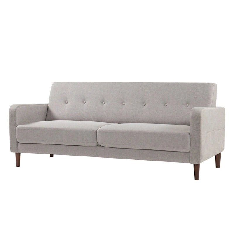 Modernes Leinen-Sofa mit Knopfheftung und Taschen an den Armlehnen