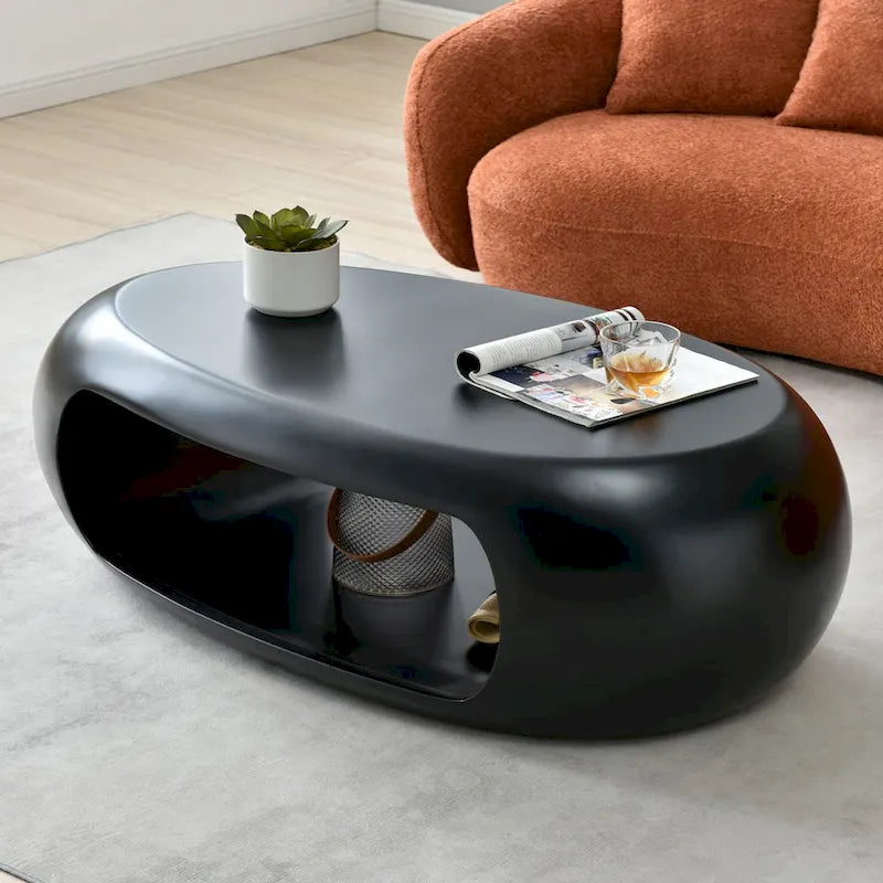 Table basse ou d’appoint ovale contemporaine à rangement creux plat, noir et blanc