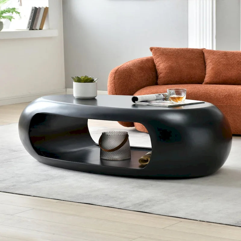 Table basse ou d’appoint ovale contemporaine à rangement creux plat, noir et blanc