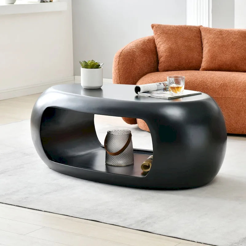 Table basse ou d’appoint ovale contemporaine à rangement creux plat, noir et blanc