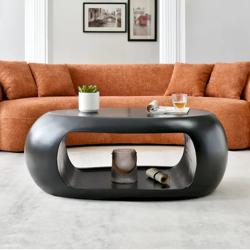 Table basse ou d’appoint ovale contemporaine à rangement creux plat, noir et blanc