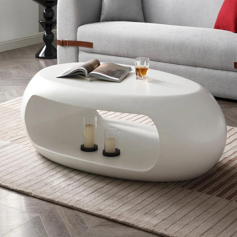 Table basse ou d’appoint ovale contemporaine à rangement creux plat, noir et blanc