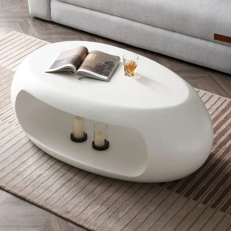 Table basse ou d’appoint ovale contemporaine à rangement creux plat, noir et blanc