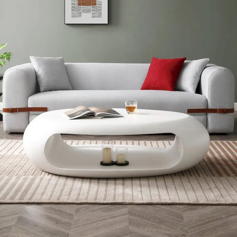 Table basse ou d’appoint ovale contemporaine à rangement creux plat, noir et blanc