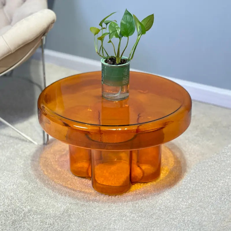 Moderner künstlerischer runder Couchtisch und Beistelltisch aus Glas mit Blumenmotiv