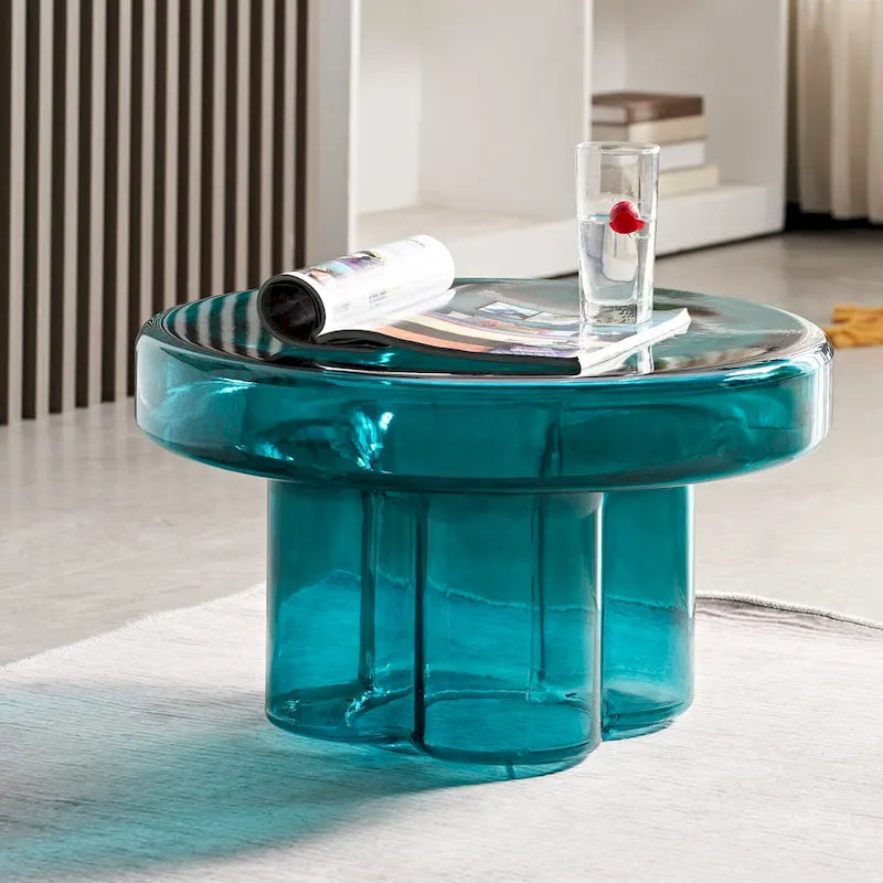 Table basse ronde en verre avec motif floral artistique moderne, table d’appoint
