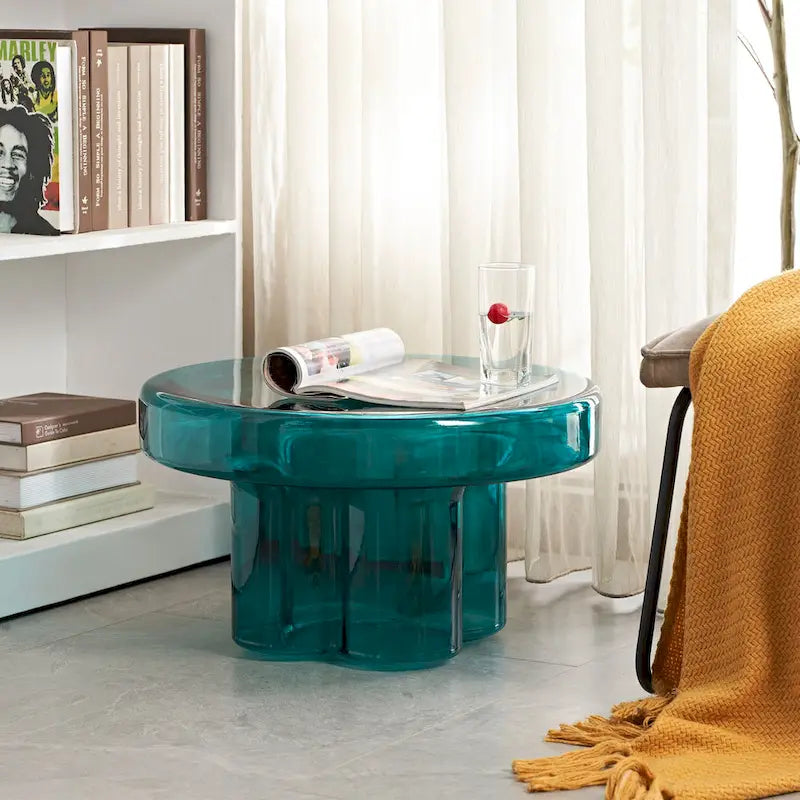 Table basse ronde en verre avec motif floral artistique moderne, table d’appoint