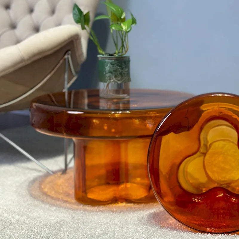 Table basse ronde en verre avec motif floral artistique moderne, table d’appoint
