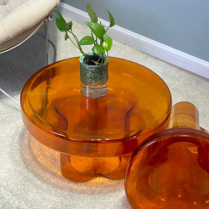 Table basse ronde en verre avec motif floral artistique moderne, table d’appoint