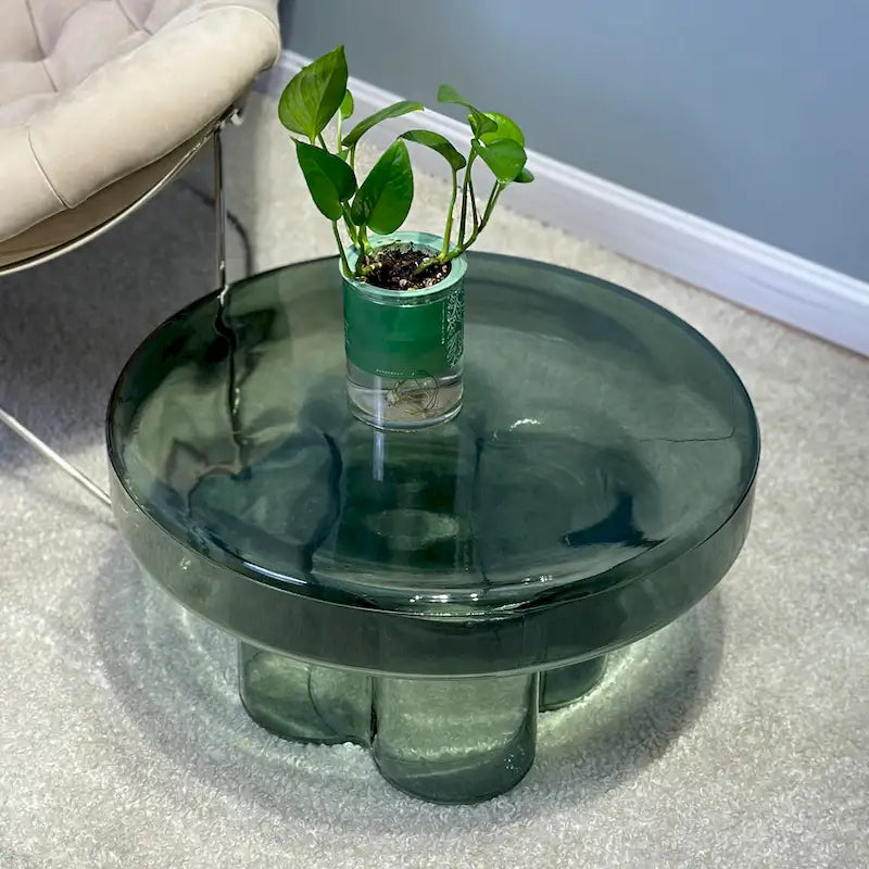 Table basse ronde en verre avec motif floral artistique moderne, table d’appoint