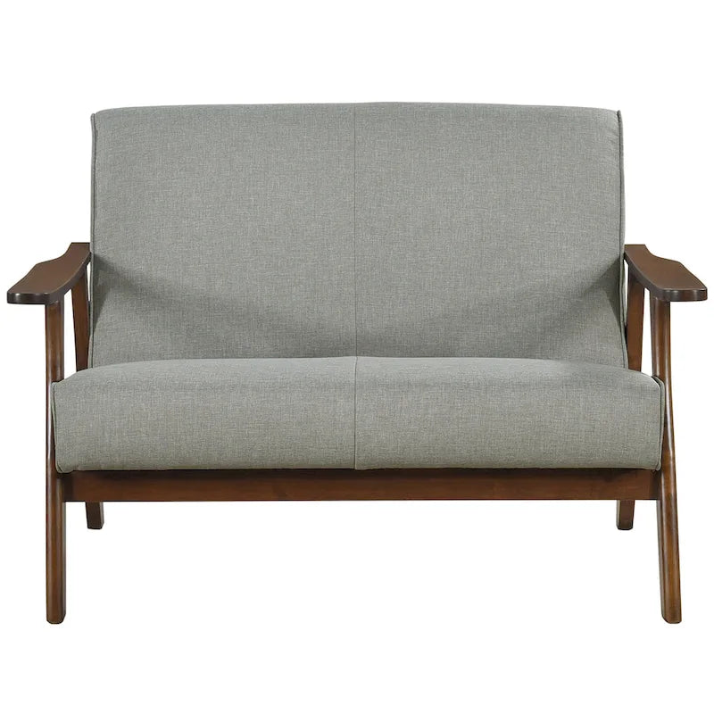 Sofá biplaza de lino y madera de estilo moderno de mediados de siglo