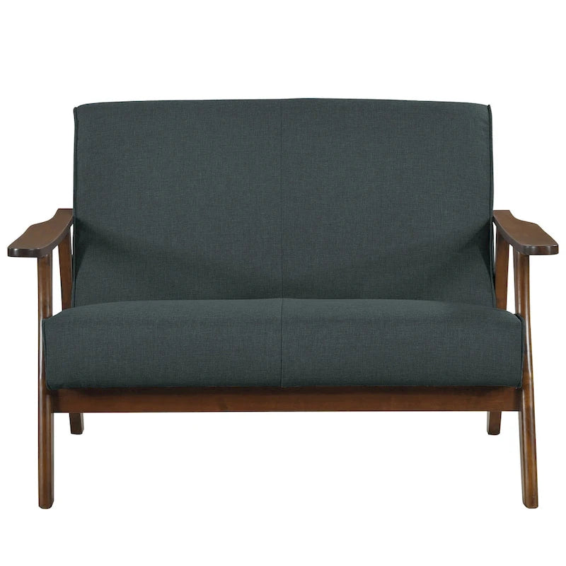 Sofá biplaza de lino y madera de estilo moderno de mediados de siglo