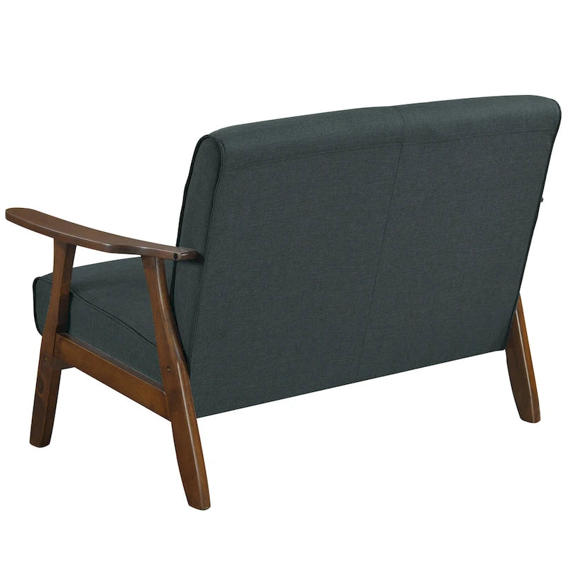 Sofá biplaza de lino y madera de estilo moderno de mediados de siglo