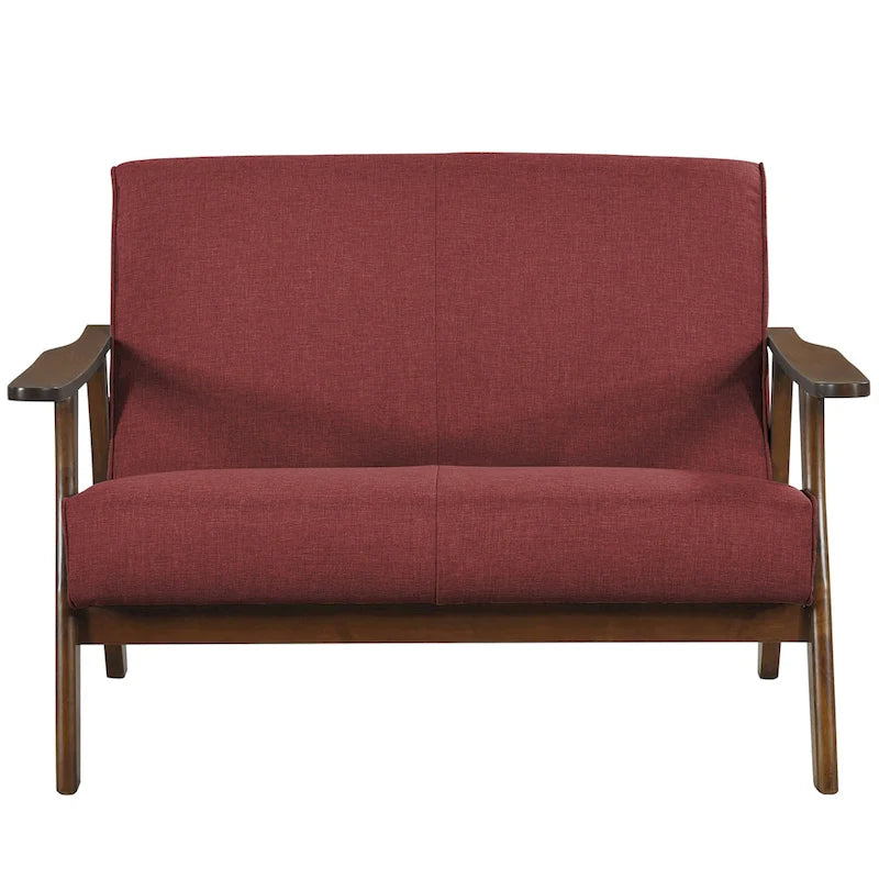 Sofá biplaza de lino y madera de estilo moderno de mediados de siglo