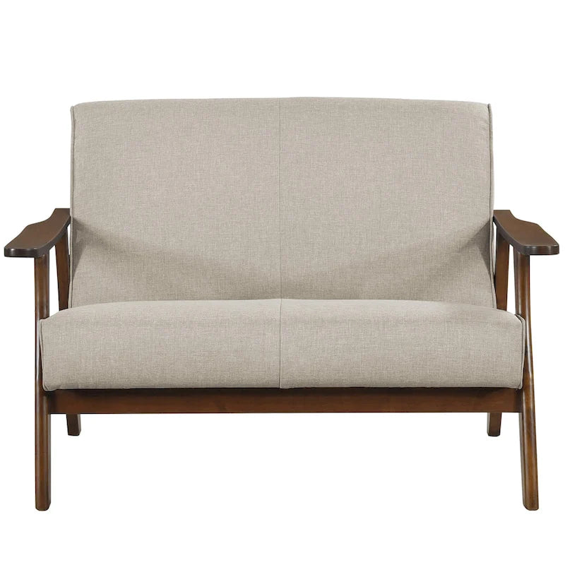 Sofá biplaza de lino y madera de estilo moderno de mediados de siglo