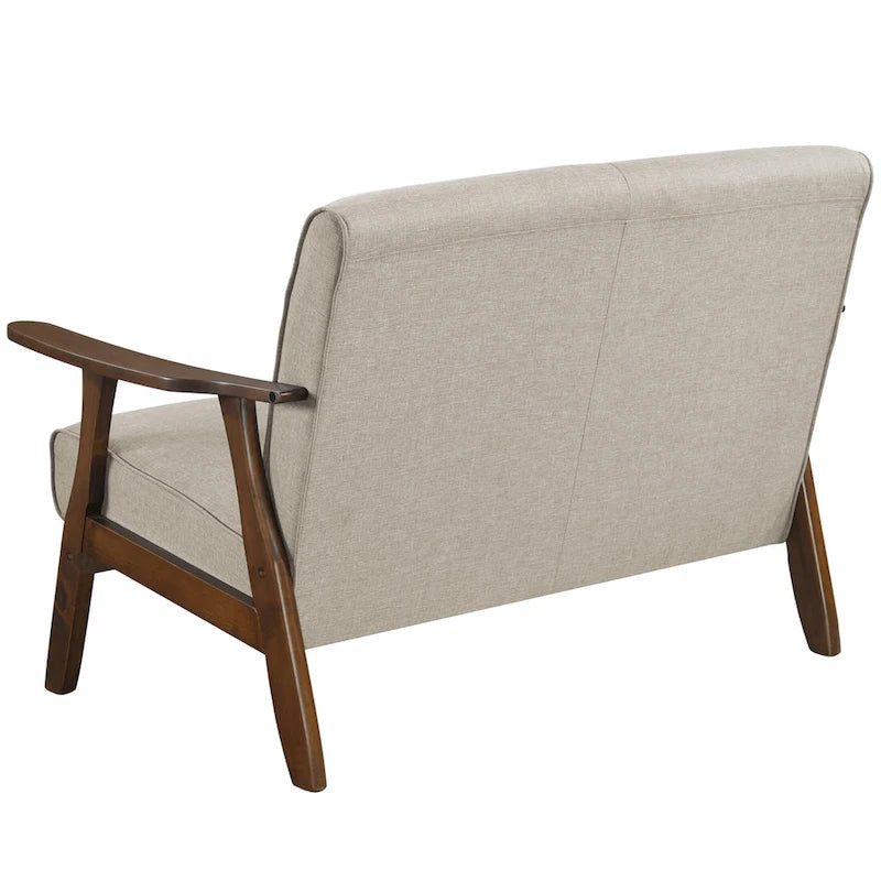 Sofá biplaza de lino y madera de estilo moderno de mediados de siglo